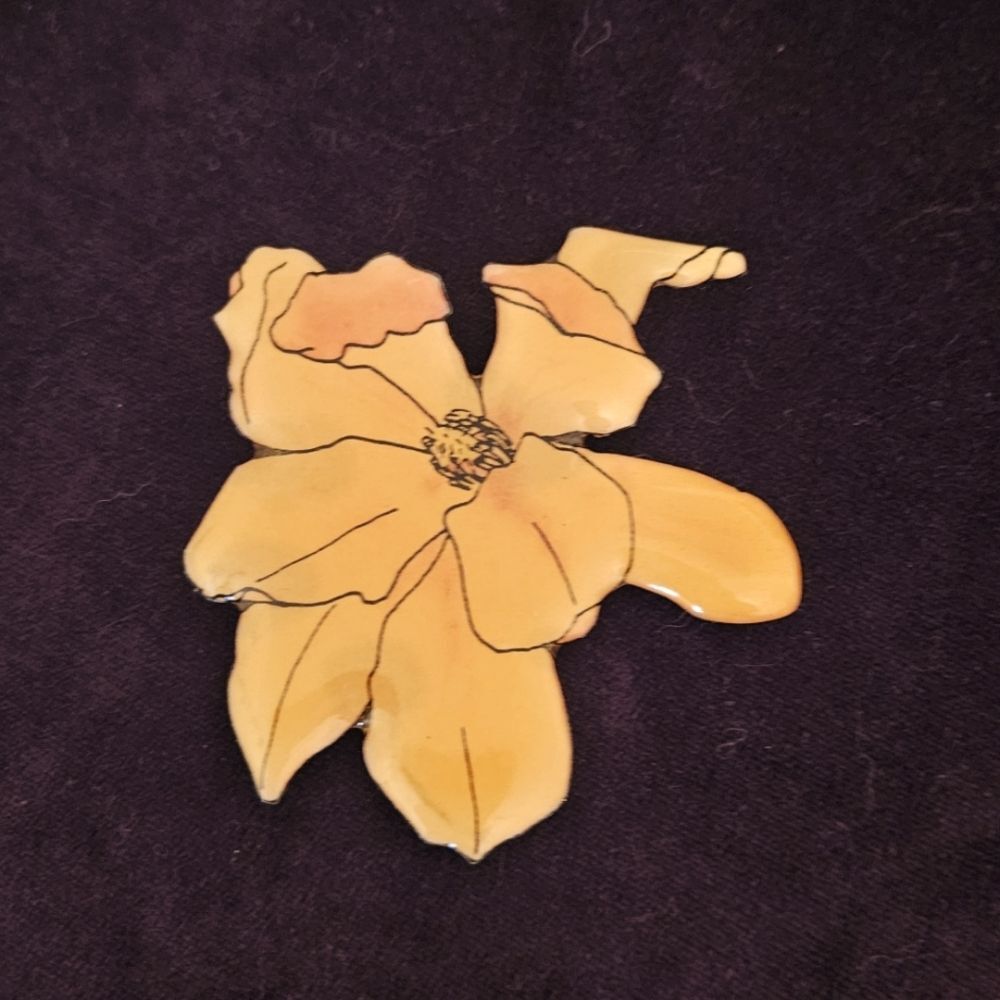 Yellow Artista Signed And Numbered Vintage Floral Magnolia Brooch Pin